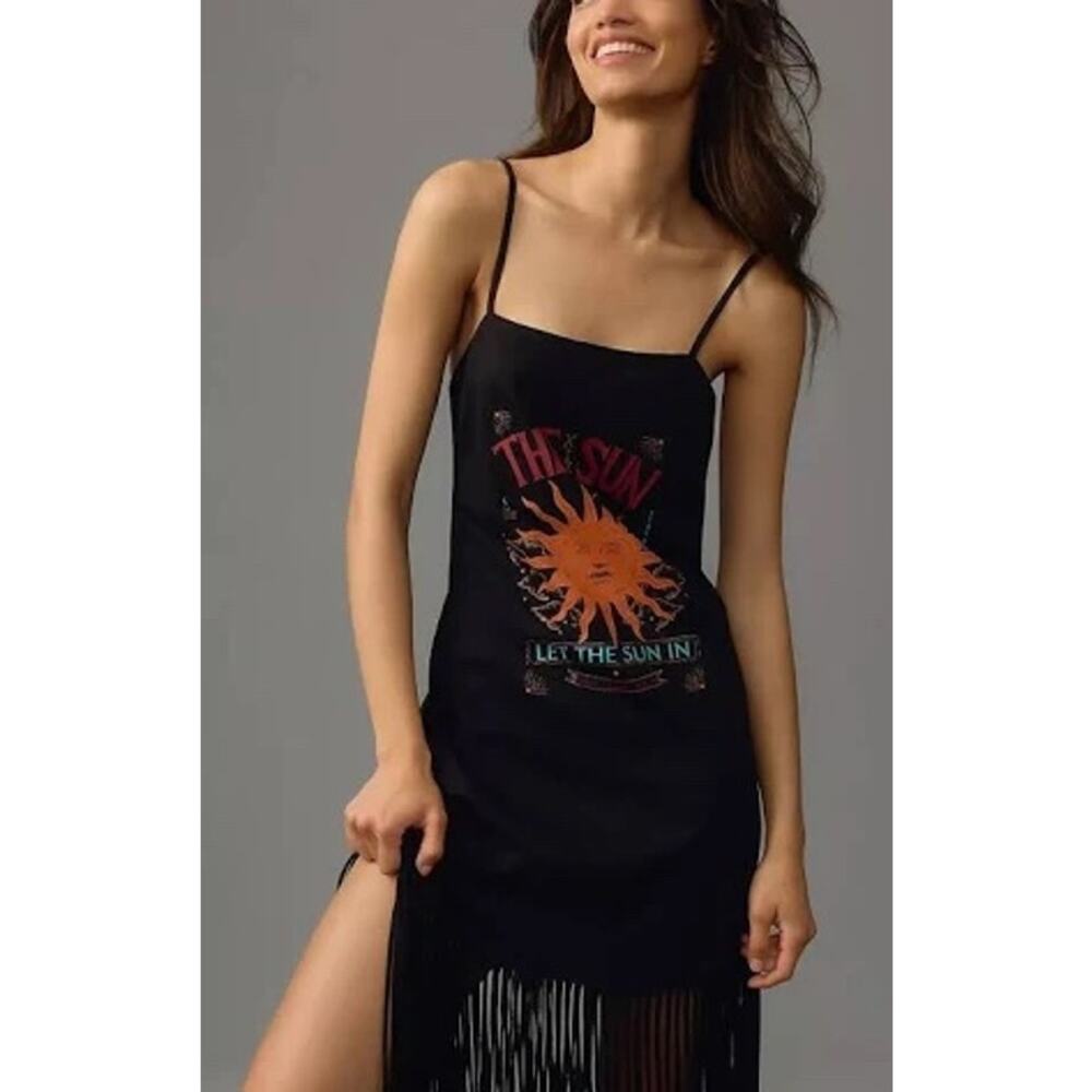 Black Fringe Graphic Maxi Dress with Sun Motif - Picture 2 of 10
